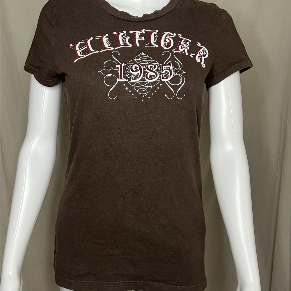 Vintage Tommy Hilfiger Dark Brown Tee with White and Red Accents